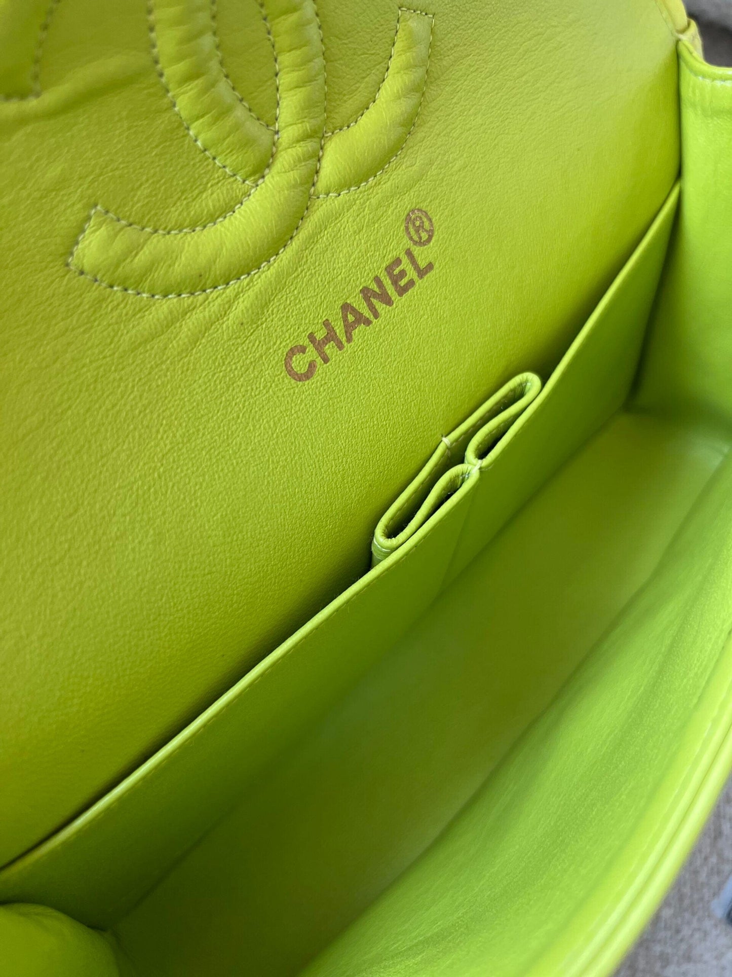 Vintage Neon Green Lambskin Quilted Classic Double Flap Medium Gold Hardware