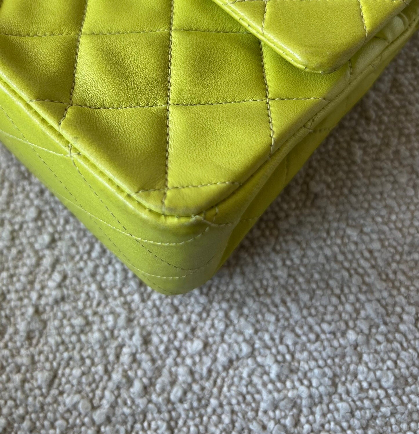 Vintage Neon Green Lambskin Quilted Classic Double Flap Medium Gold Hardware
