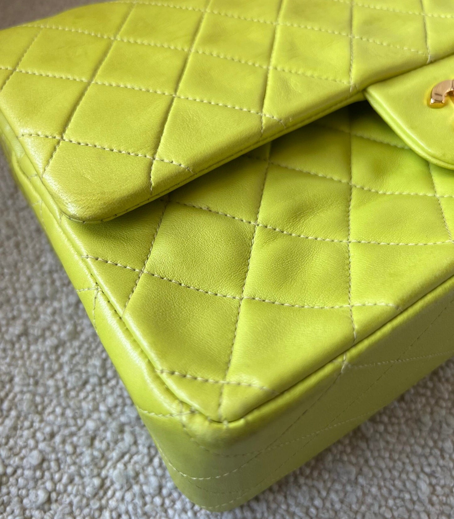 Vintage Neon Green Lambskin Quilted Classic Double Flap Medium Gold Hardware