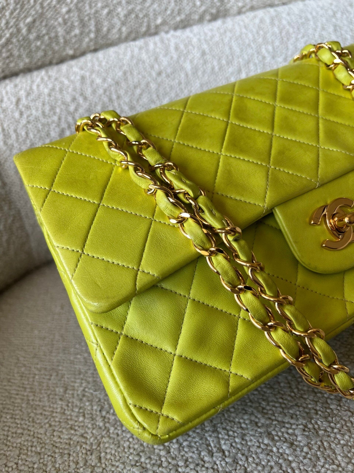 Vintage Neon Green Lambskin Quilted Classic Double Flap Medium Gold Hardware