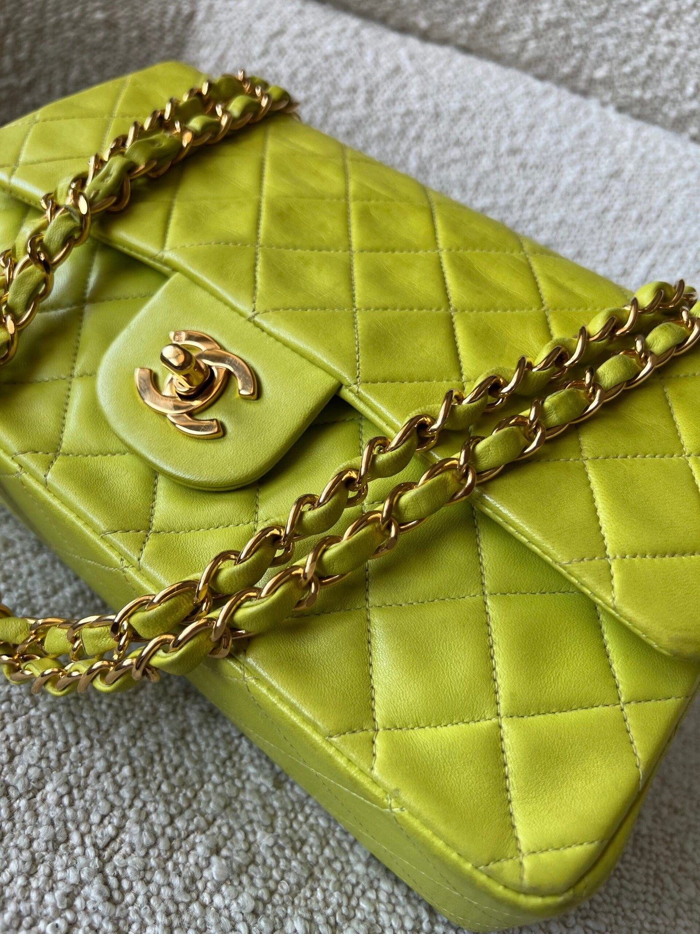 Vintage Neon Green Lambskin Quilted Classic Double Flap Medium Gold Hardware