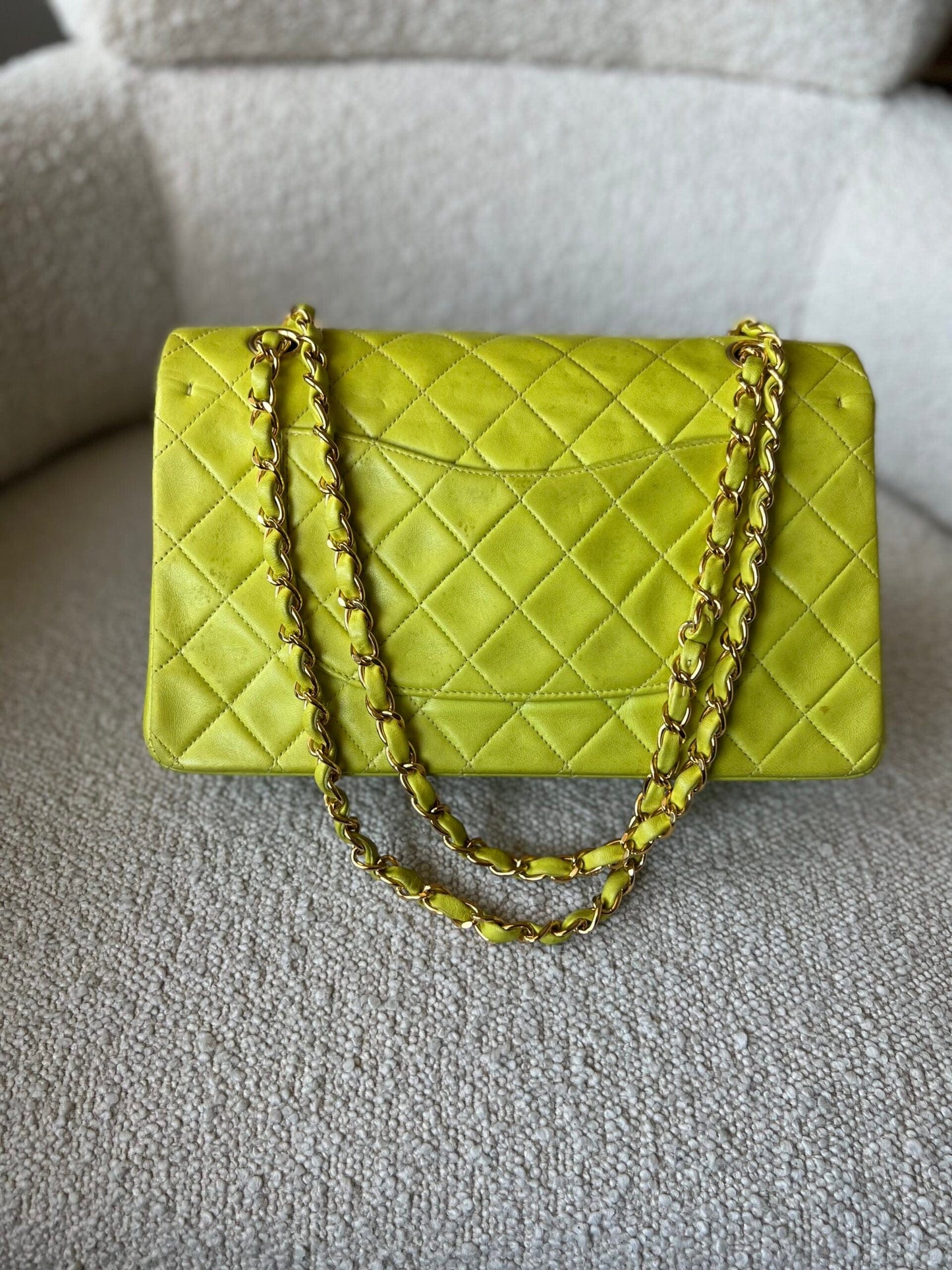 Vintage Neon Green Lambskin Quilted Classic Double Flap Medium Gold Hardware
