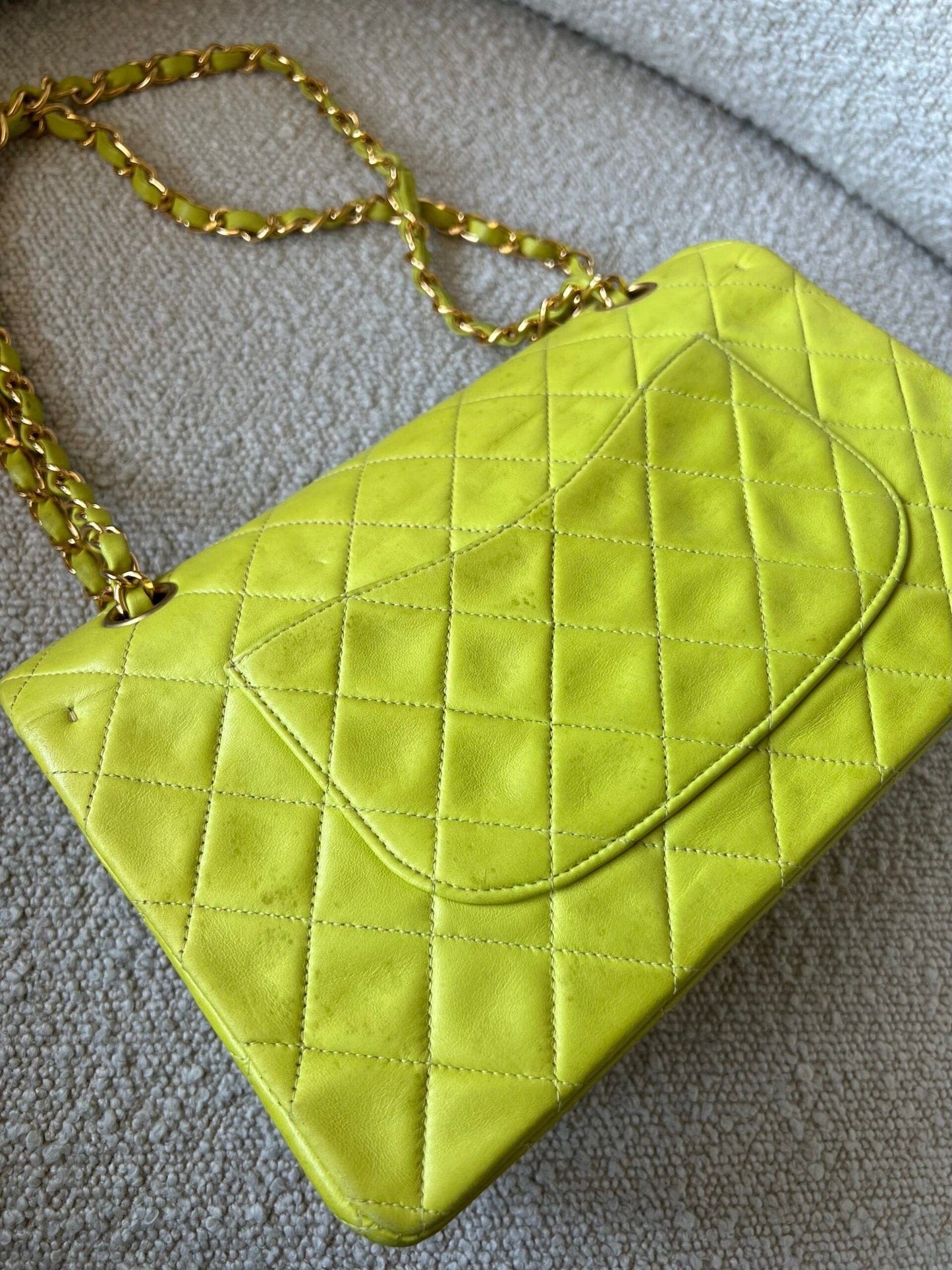 Vintage Neon Green Lambskin Quilted Classic Double Flap Medium Gold Hardware