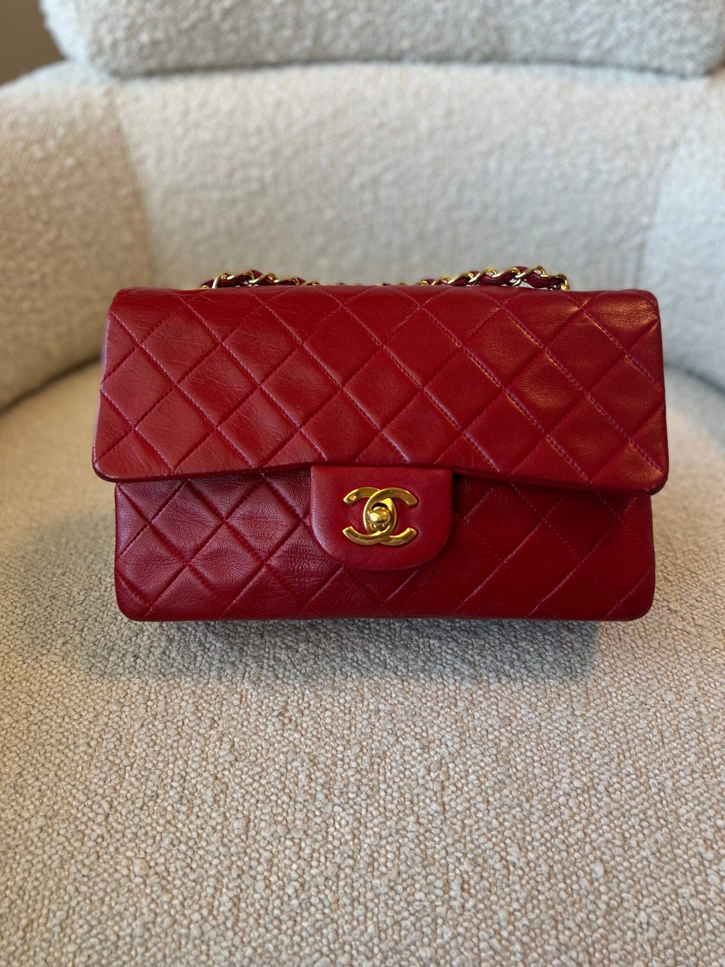 Vintage Red Lambskin Quilted Double Flap Small Gold Hardware