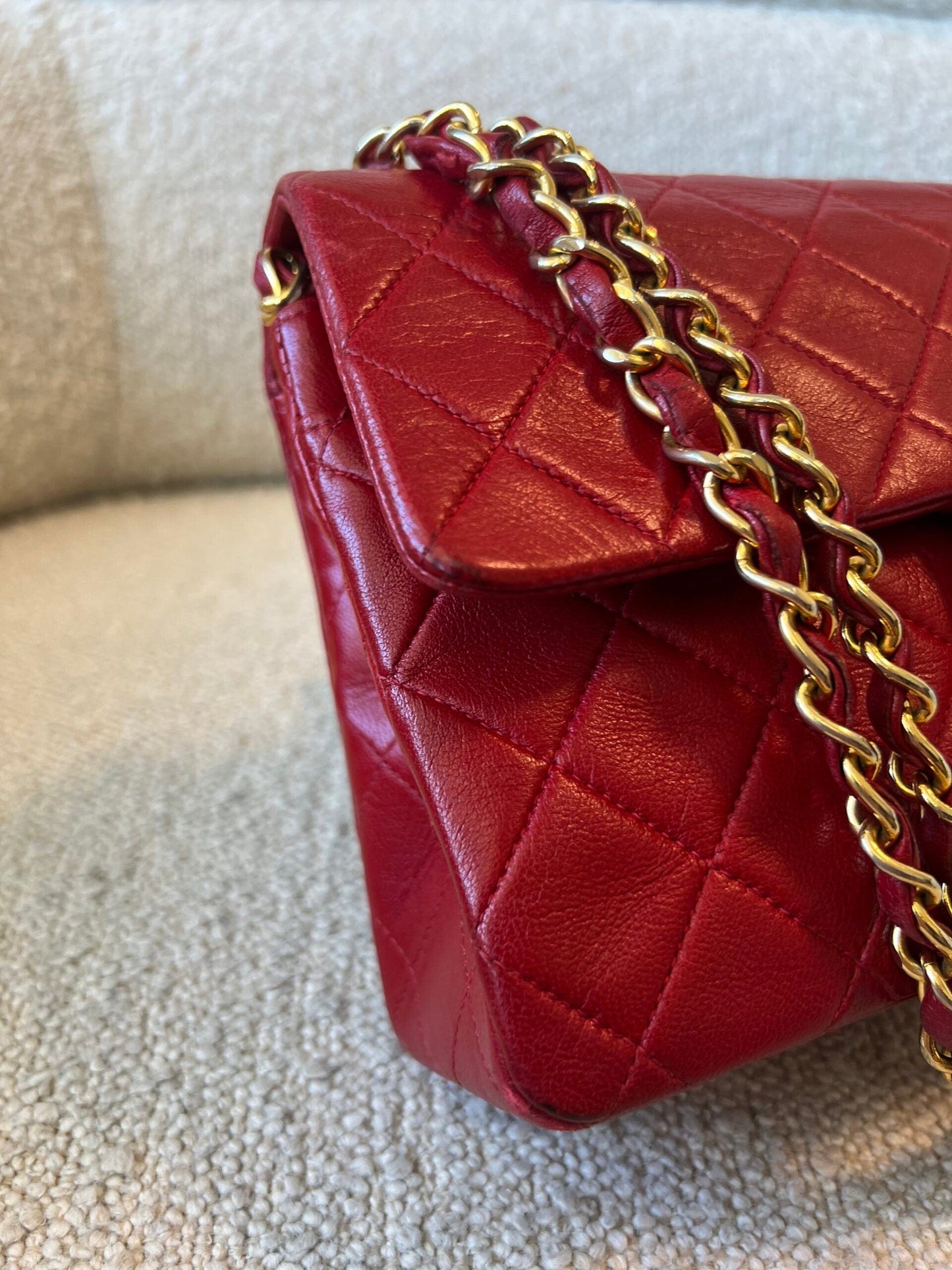 Vintage Red Lambskin Quilted Double Flap Small Gold Hardware