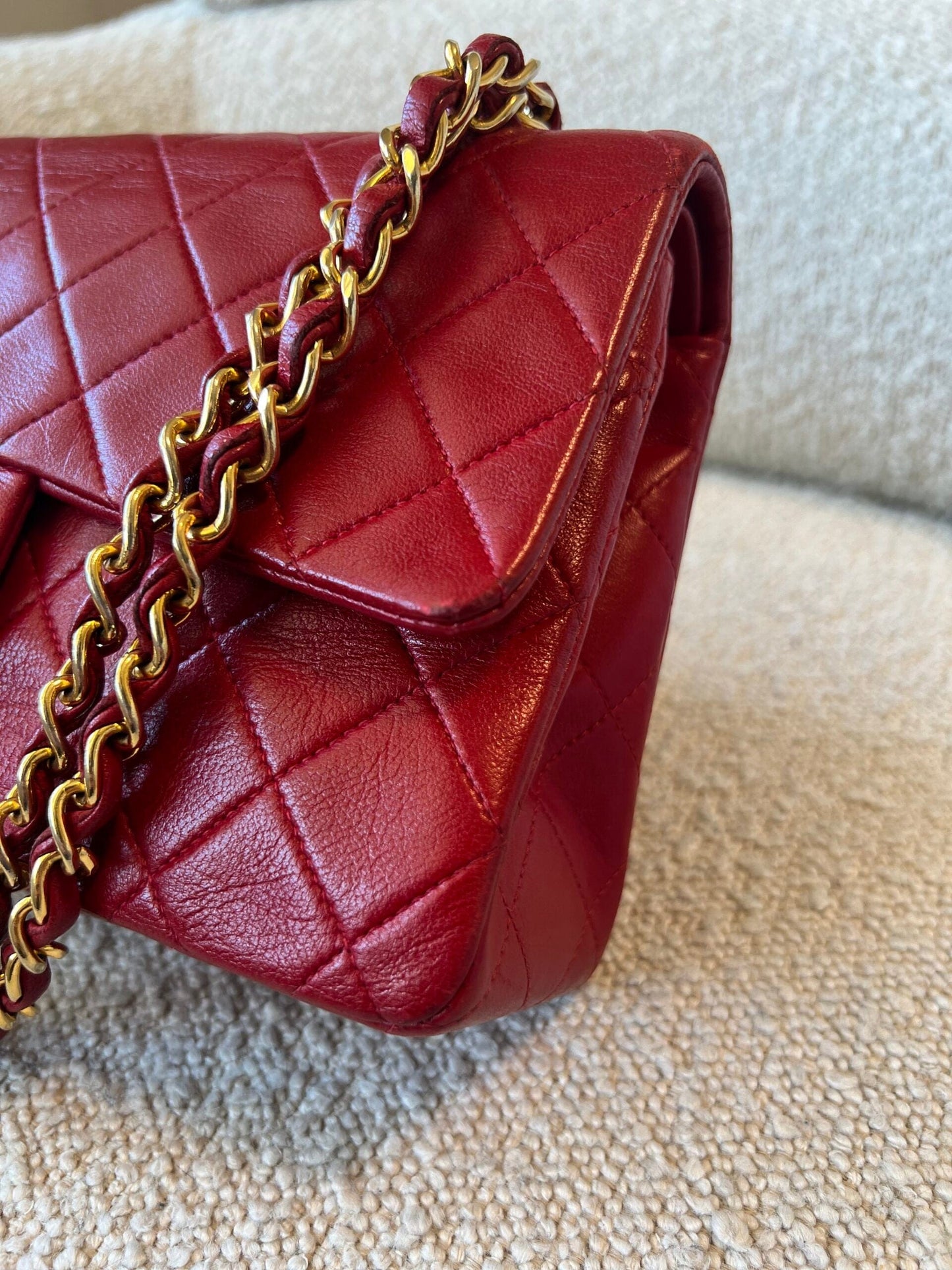 Vintage Red Lambskin Quilted Double Flap Small Gold Hardware