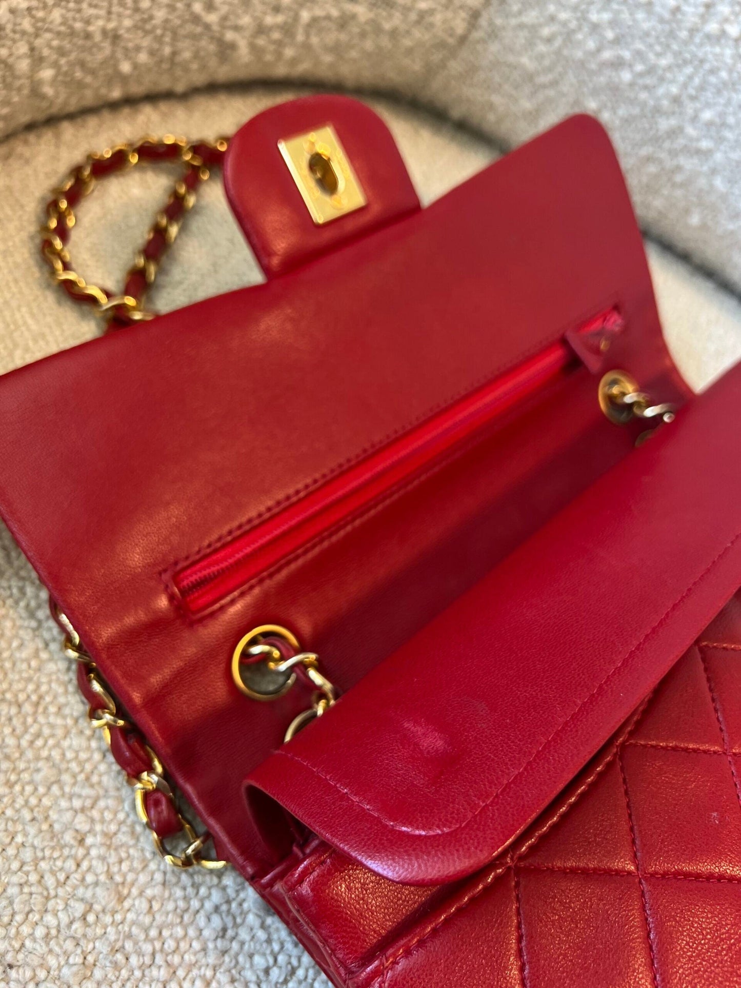 Vintage Red Lambskin Quilted Double Flap Small Gold Hardware