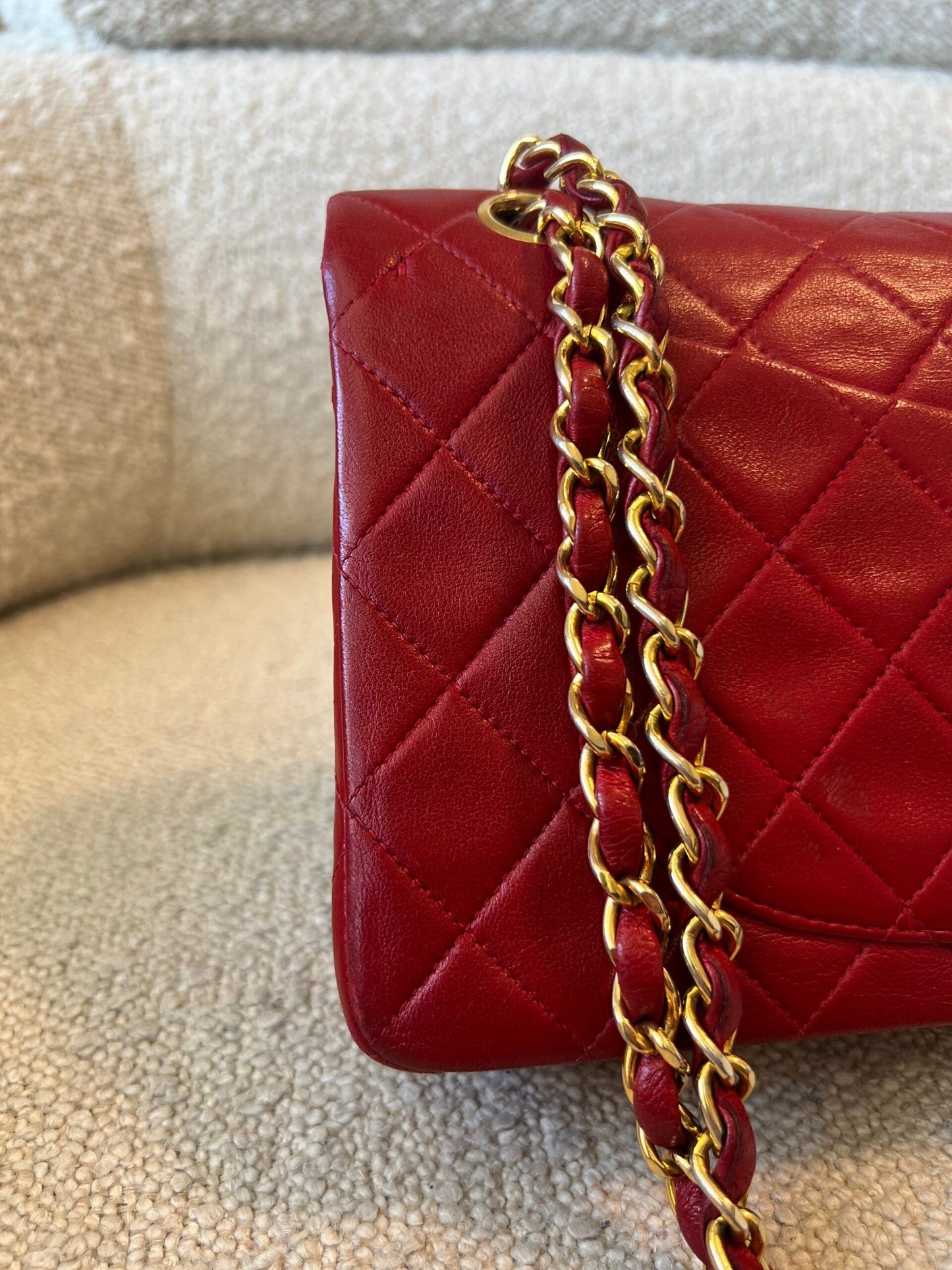 Vintage Red Lambskin Quilted Double Flap Small Gold Hardware