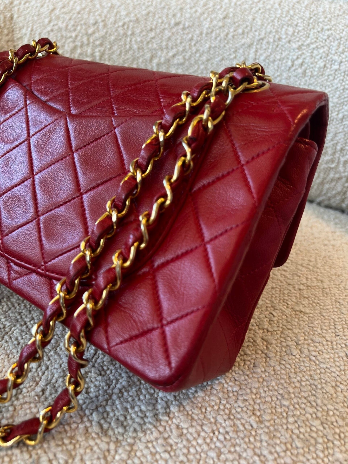 Vintage Red Lambskin Quilted Double Flap Small Gold Hardware