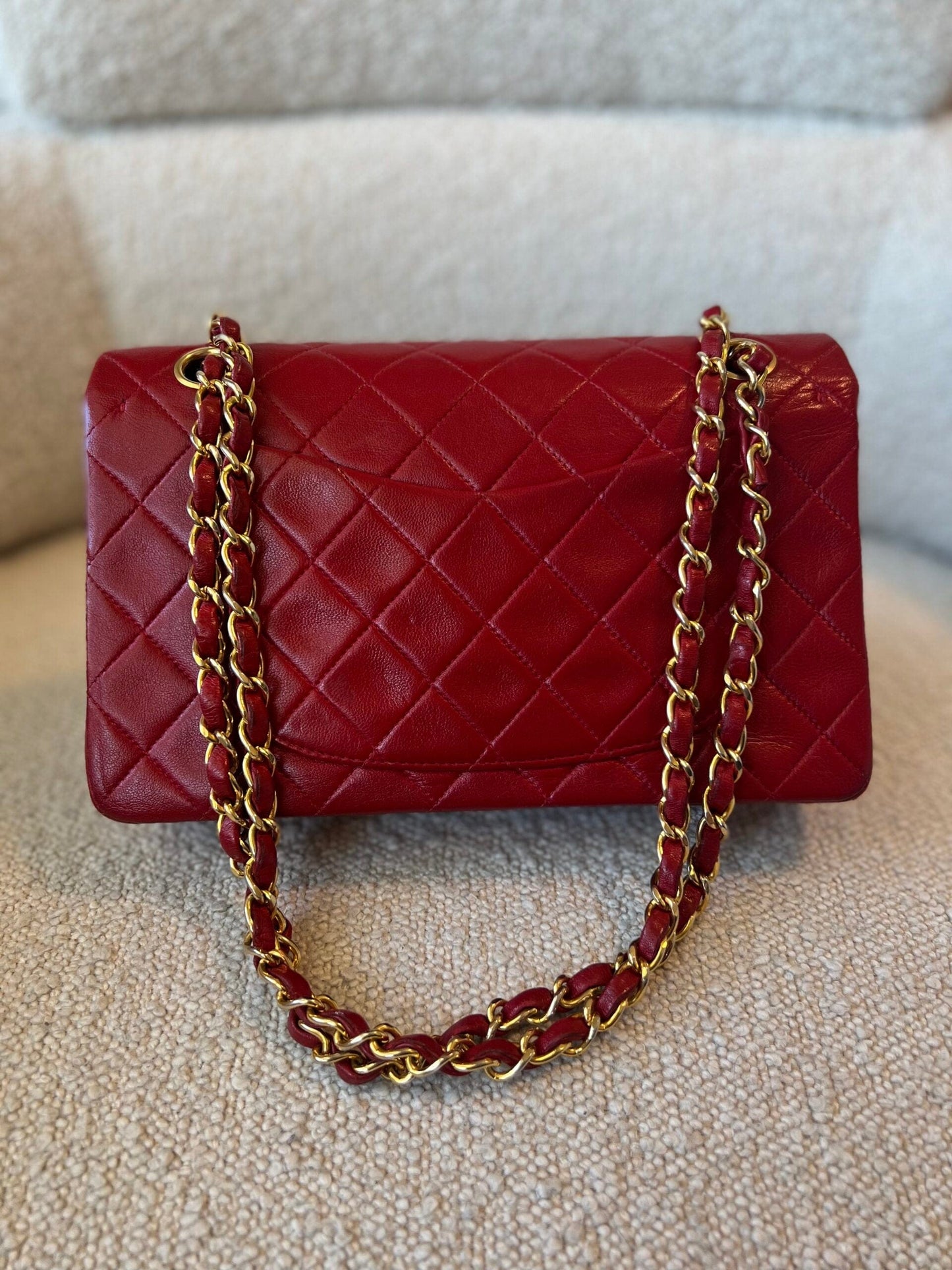 Vintage Red Lambskin Quilted Double Flap Small Gold Hardware