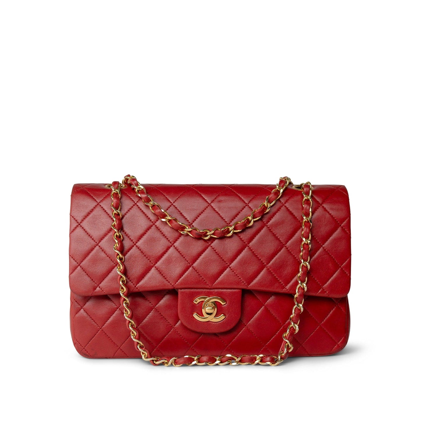 Vintage Red Lambskin Quilted Medium Classic Flap Gold Hardware