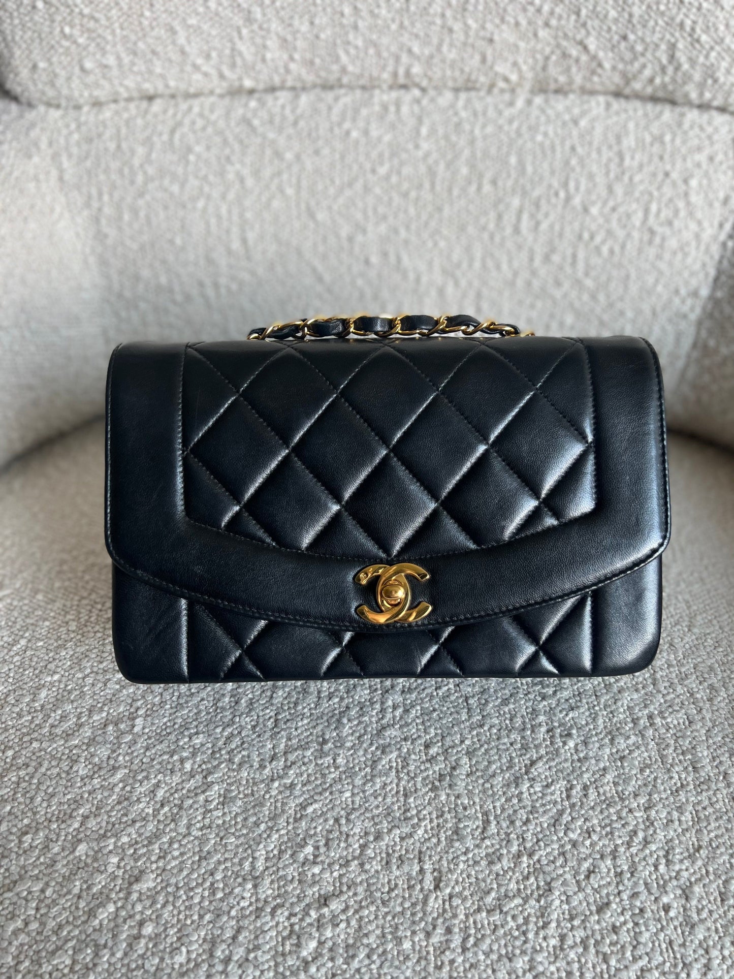 Vintage Small Black Lambskin Quilted Diana Flap 24K Gold Hardware