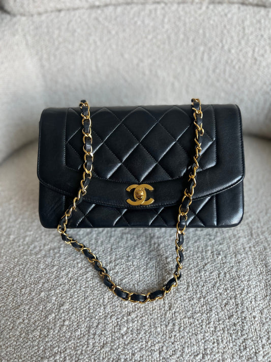 Vintage Small Black Lambskin Quilted Diana Flap 24K Gold Hardware