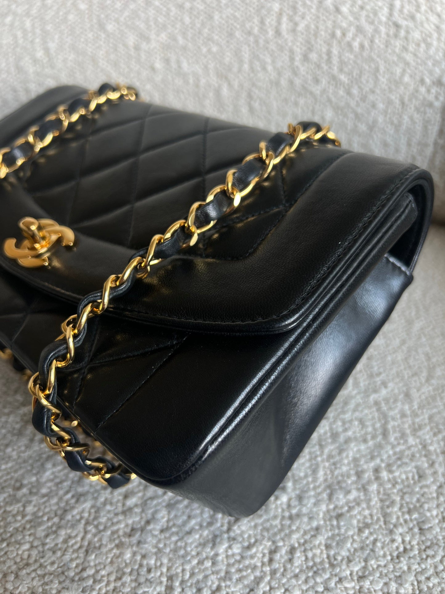 Vintage Small Black Lambskin Quilted Diana Flap 24K Gold Hardware