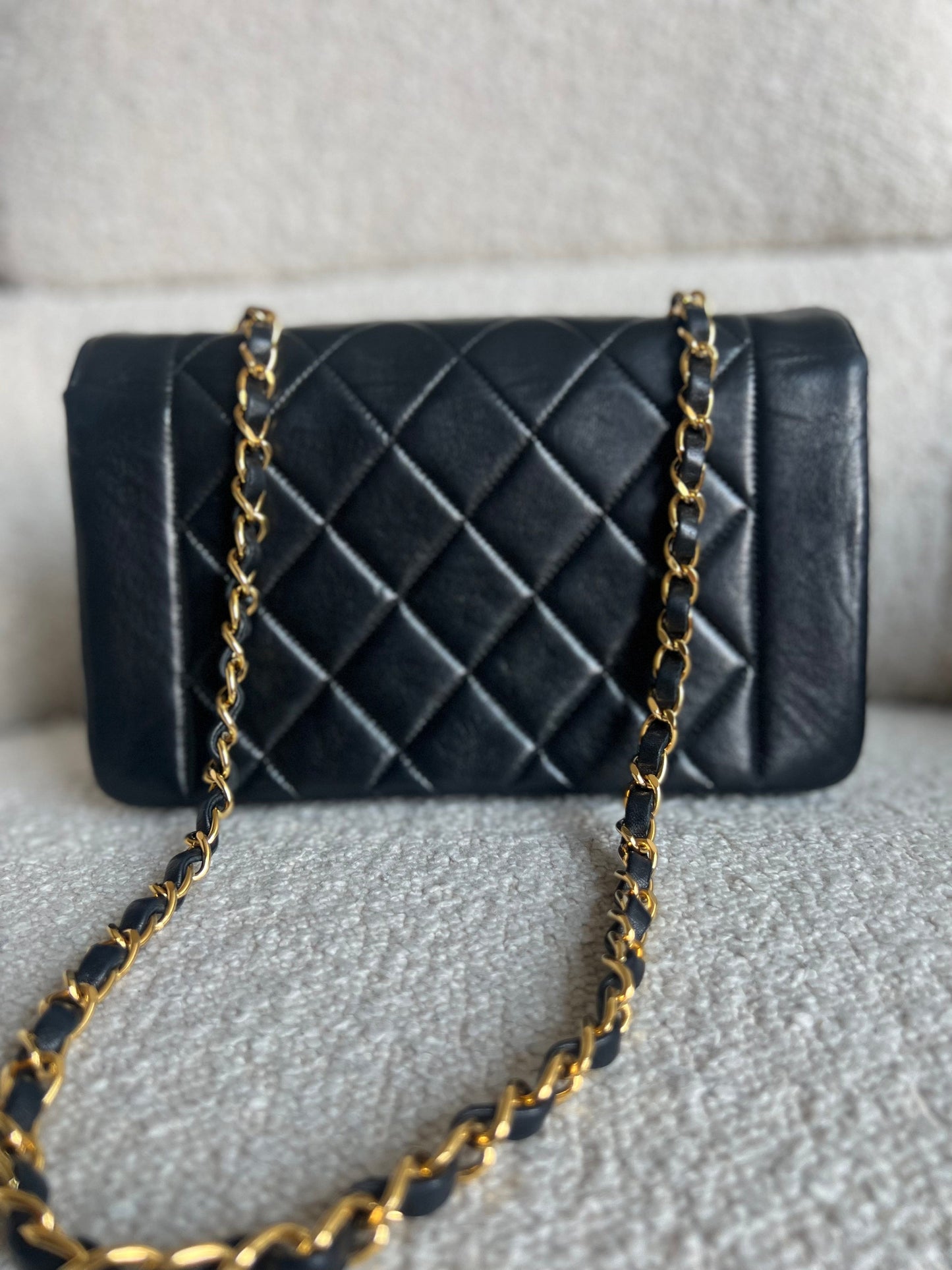 Vintage Small Black Lambskin Quilted Diana Flap 24K Gold Hardware