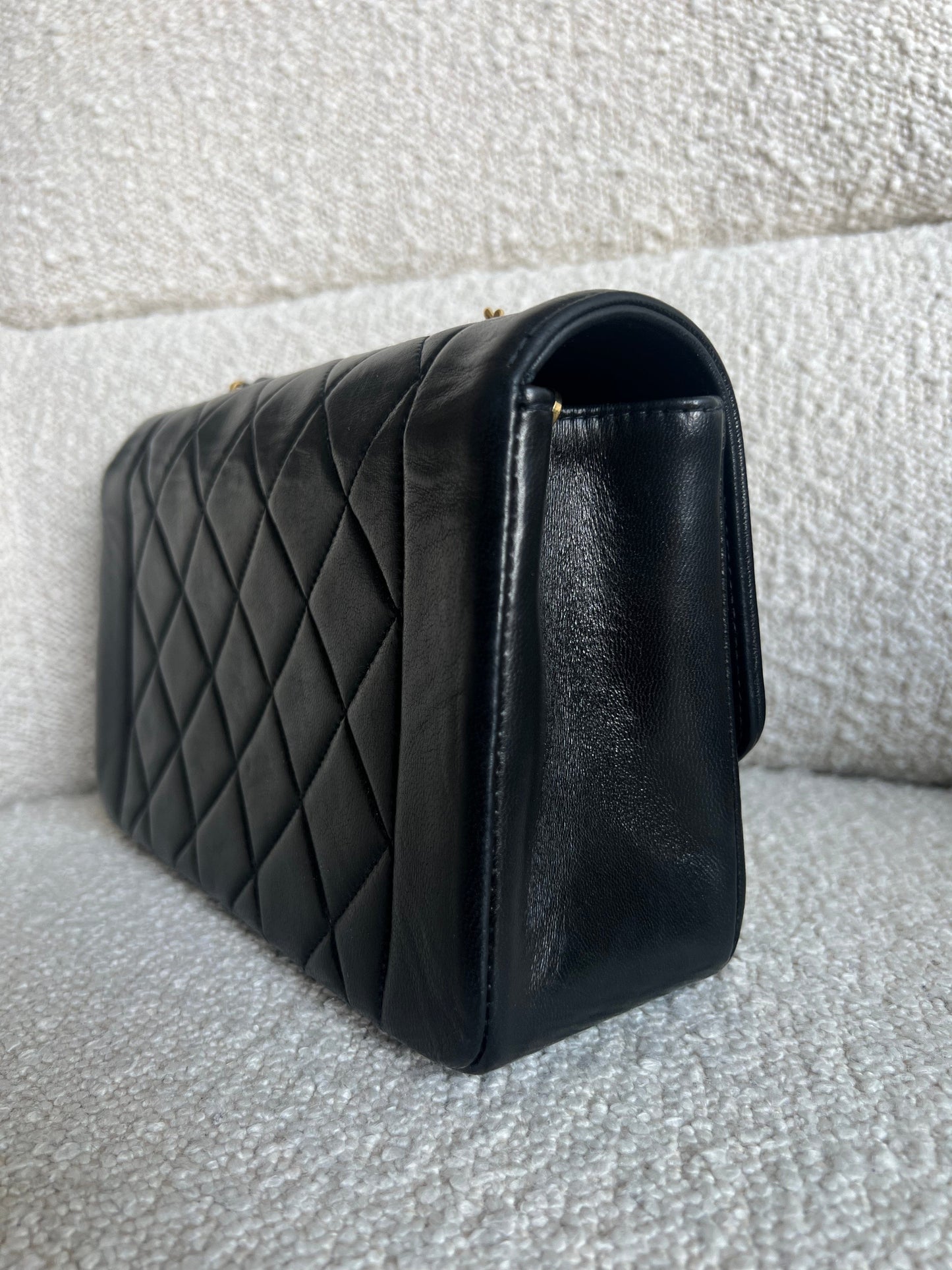 Vintage Small Black Lambskin Quilted Diana Flap 24K Gold Hardware