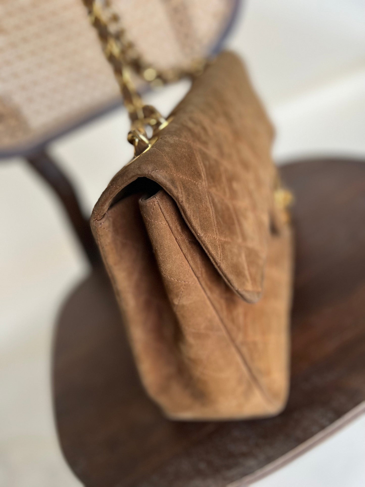 Vintage Tan/Brown Suede Quilted Jumbo XL Single Flap 24k GHW