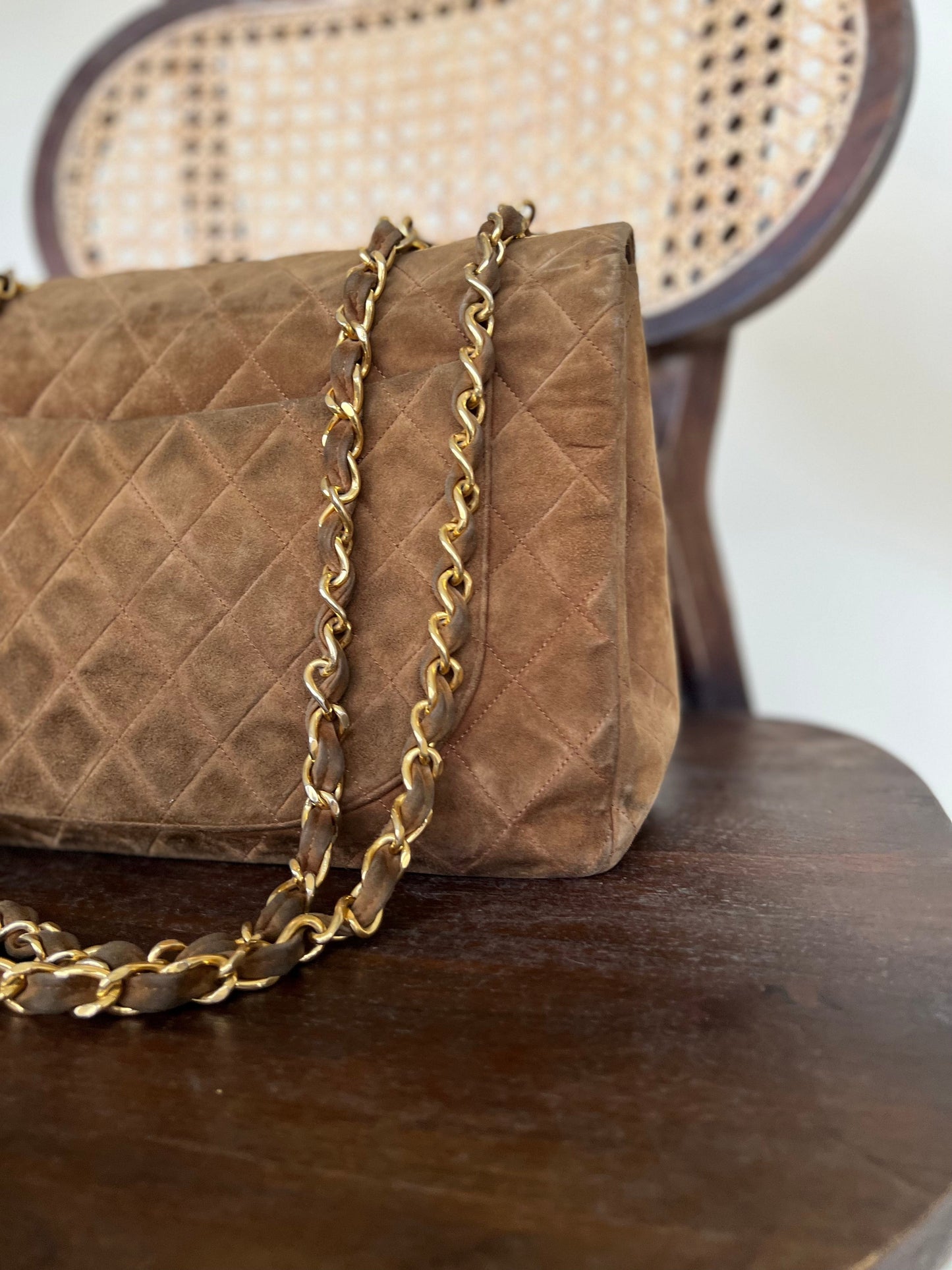 Vintage Tan/Brown Suede Quilted Jumbo XL Single Flap 24k GHW