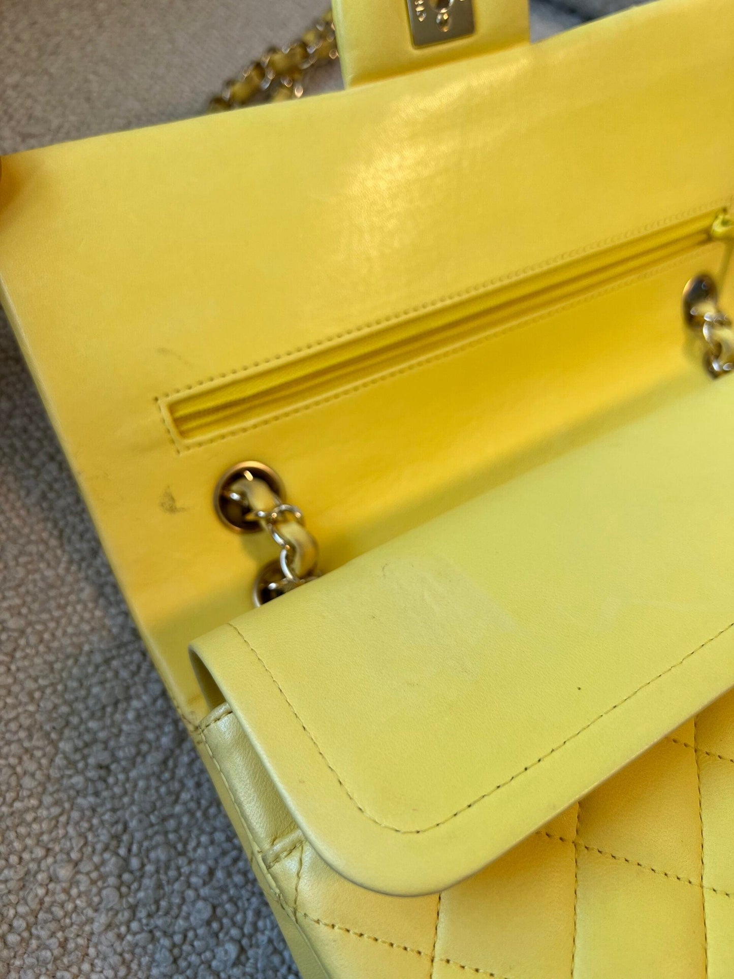 Vintage Yellow Lambskin Quilted Double Classic Flap Medium Light Gold Hardware