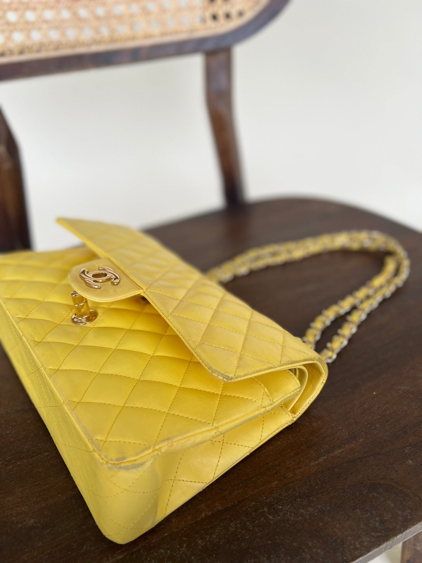 Vintage Yellow Lambskin Quilted Double Classic Flap Medium Light Gold Hardware