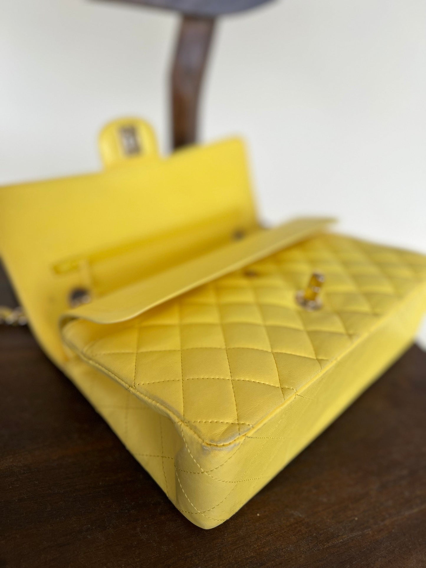 Vintage Yellow Lambskin Quilted Double Classic Flap Medium Light Gold Hardware