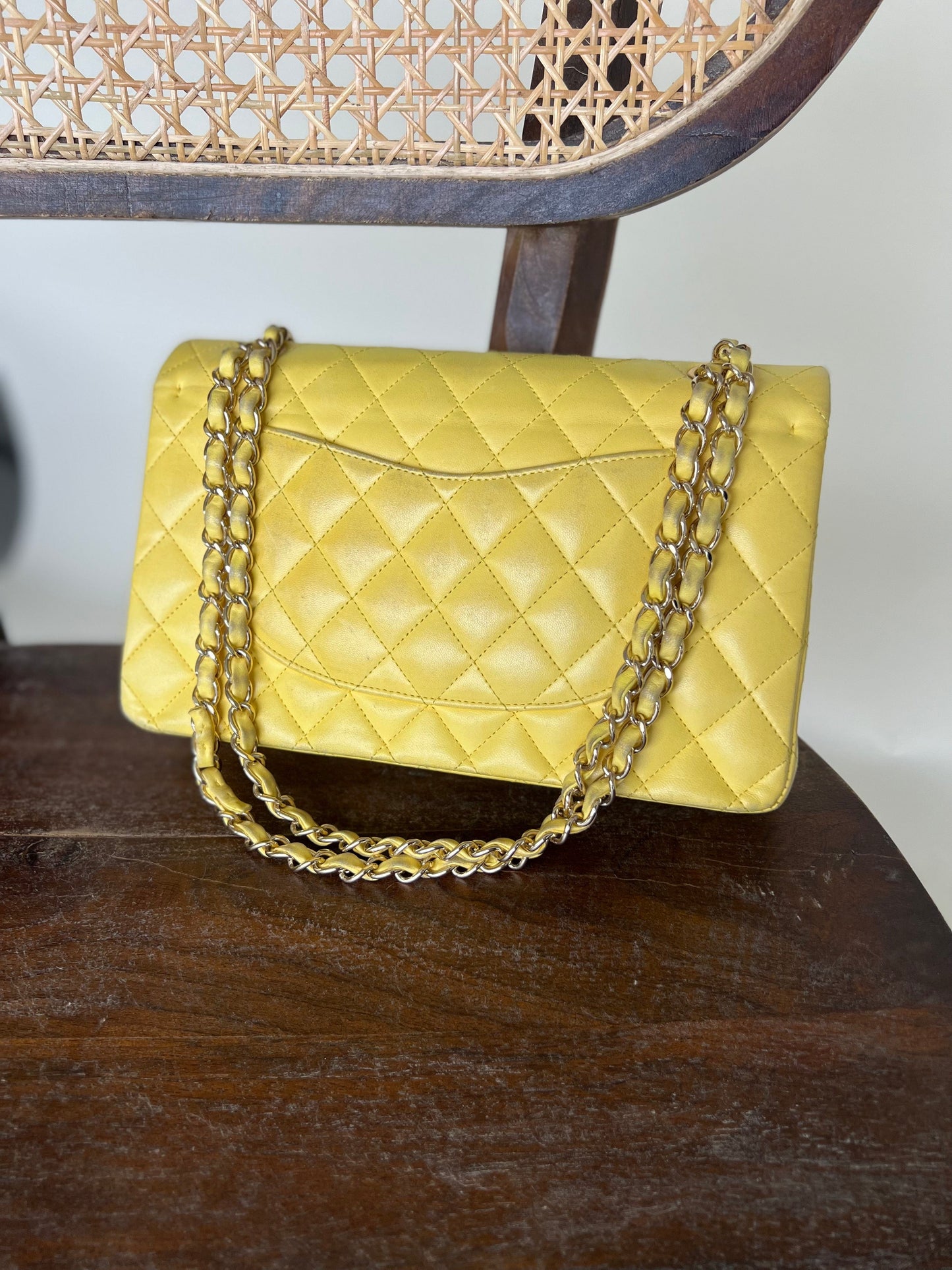 Vintage Yellow Lambskin Quilted Double Classic Flap Medium Light Gold Hardware