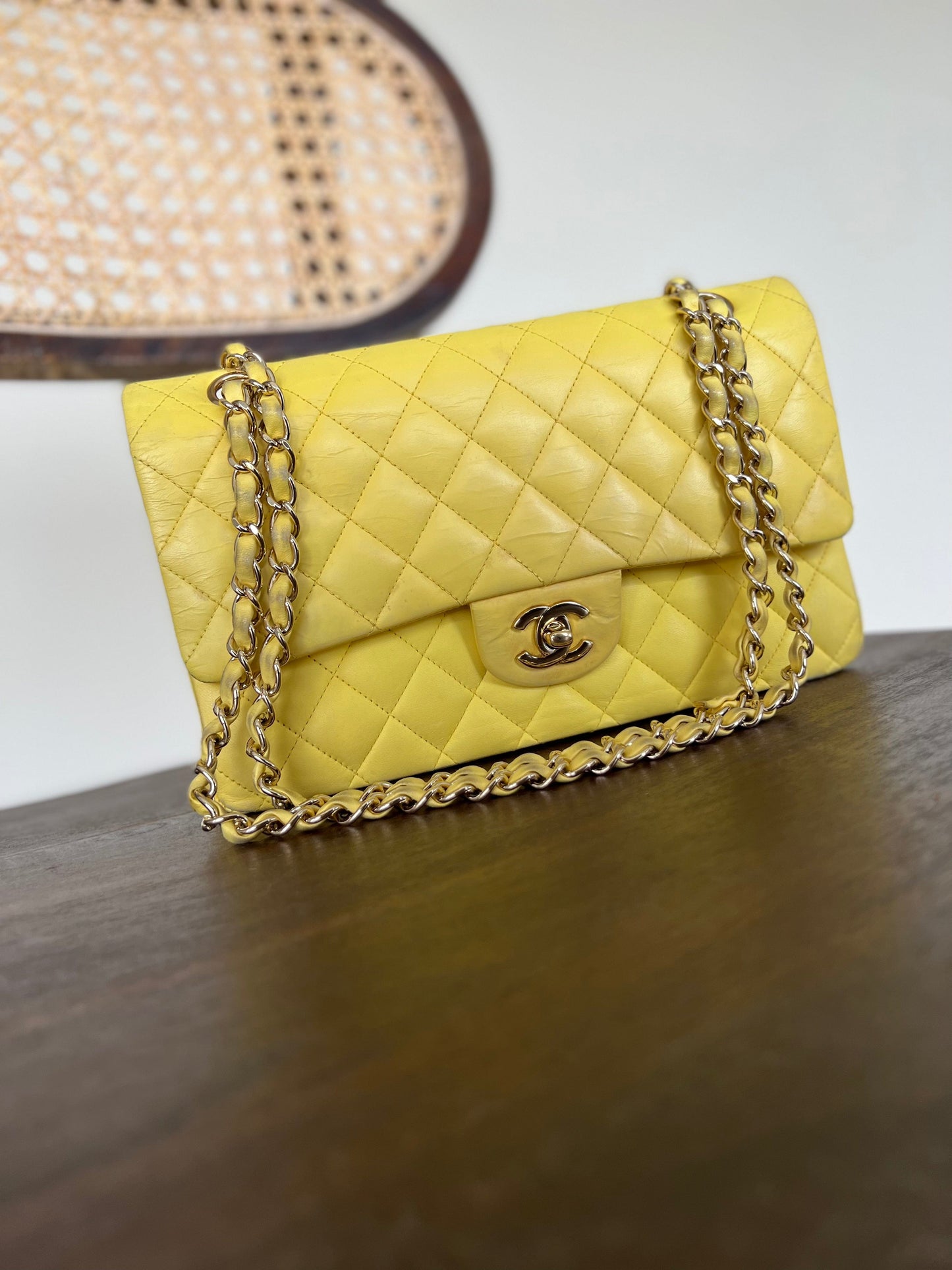 Vintage Yellow Lambskin Quilted Double Classic Flap Medium Light Gold Hardware