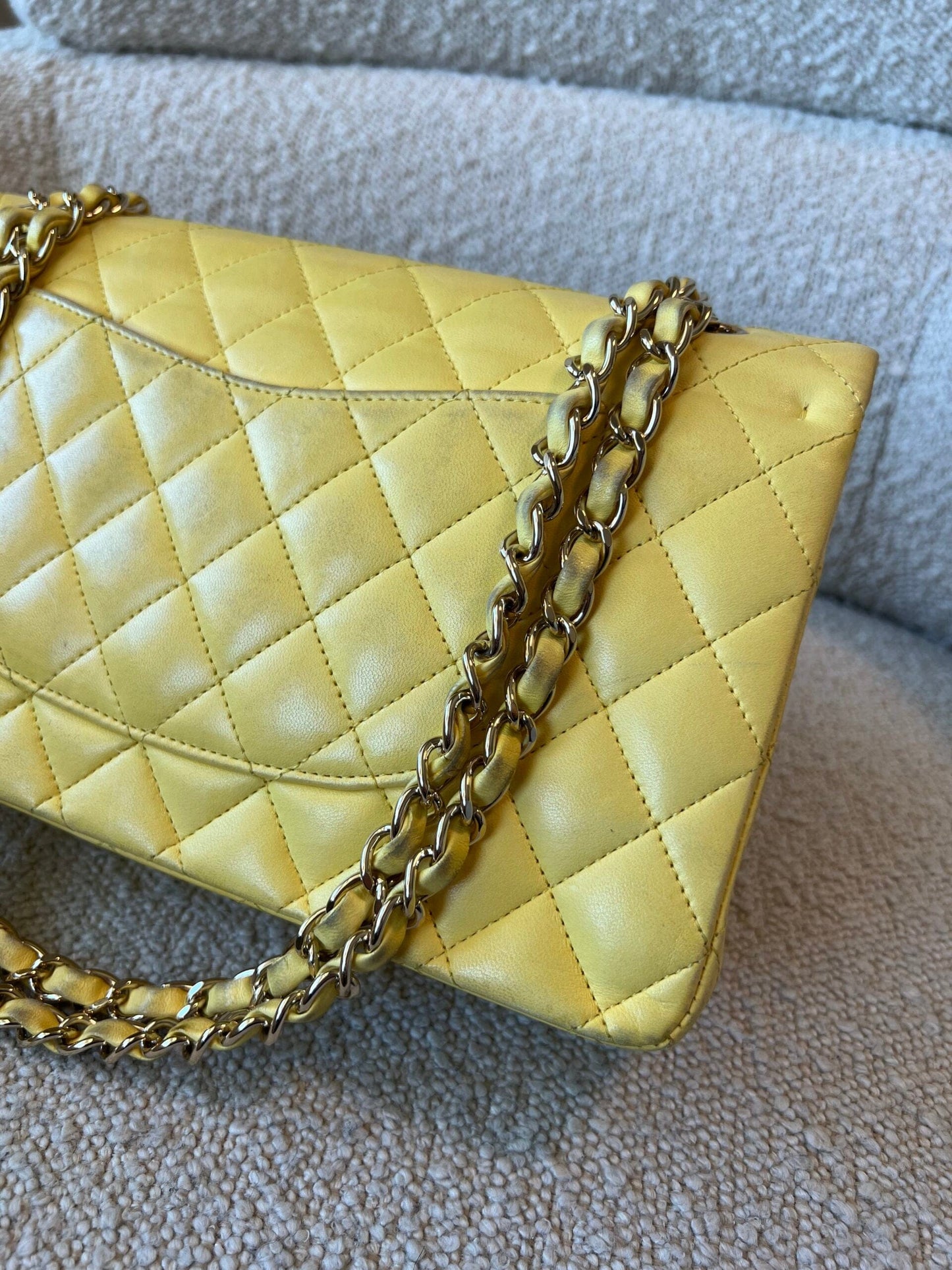 Vintage Yellow Lambskin Quilted Double Classic Flap Medium Light Gold Hardware