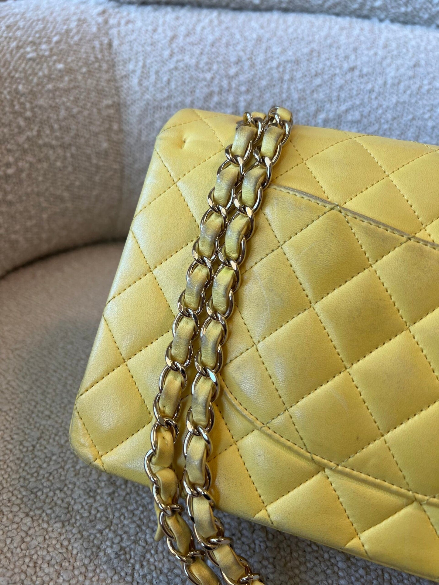 Vintage Yellow Lambskin Quilted Double Classic Flap Medium Light Gold Hardware