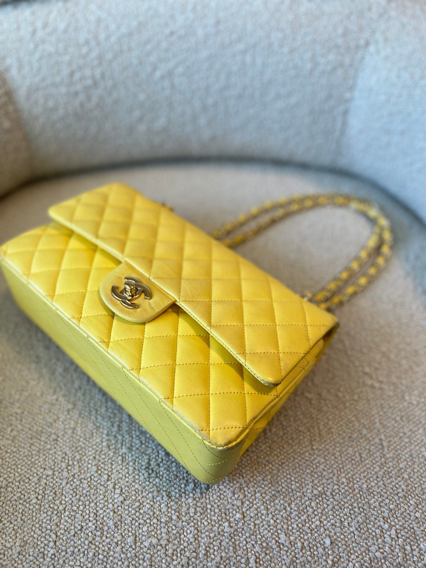 Vintage Yellow Lambskin Quilted Double Classic Flap Medium Light Gold Hardware