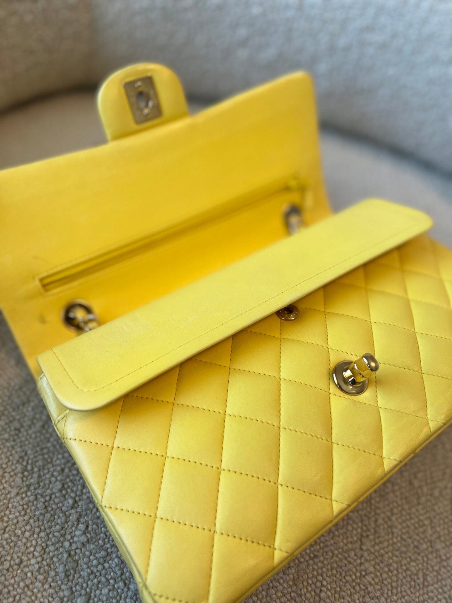 Vintage Yellow Lambskin Quilted Double Classic Flap Medium Light Gold Hardware