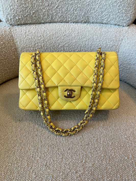Vintage Yellow Lambskin Quilted Double Classic Flap Medium Light Gold Hardware