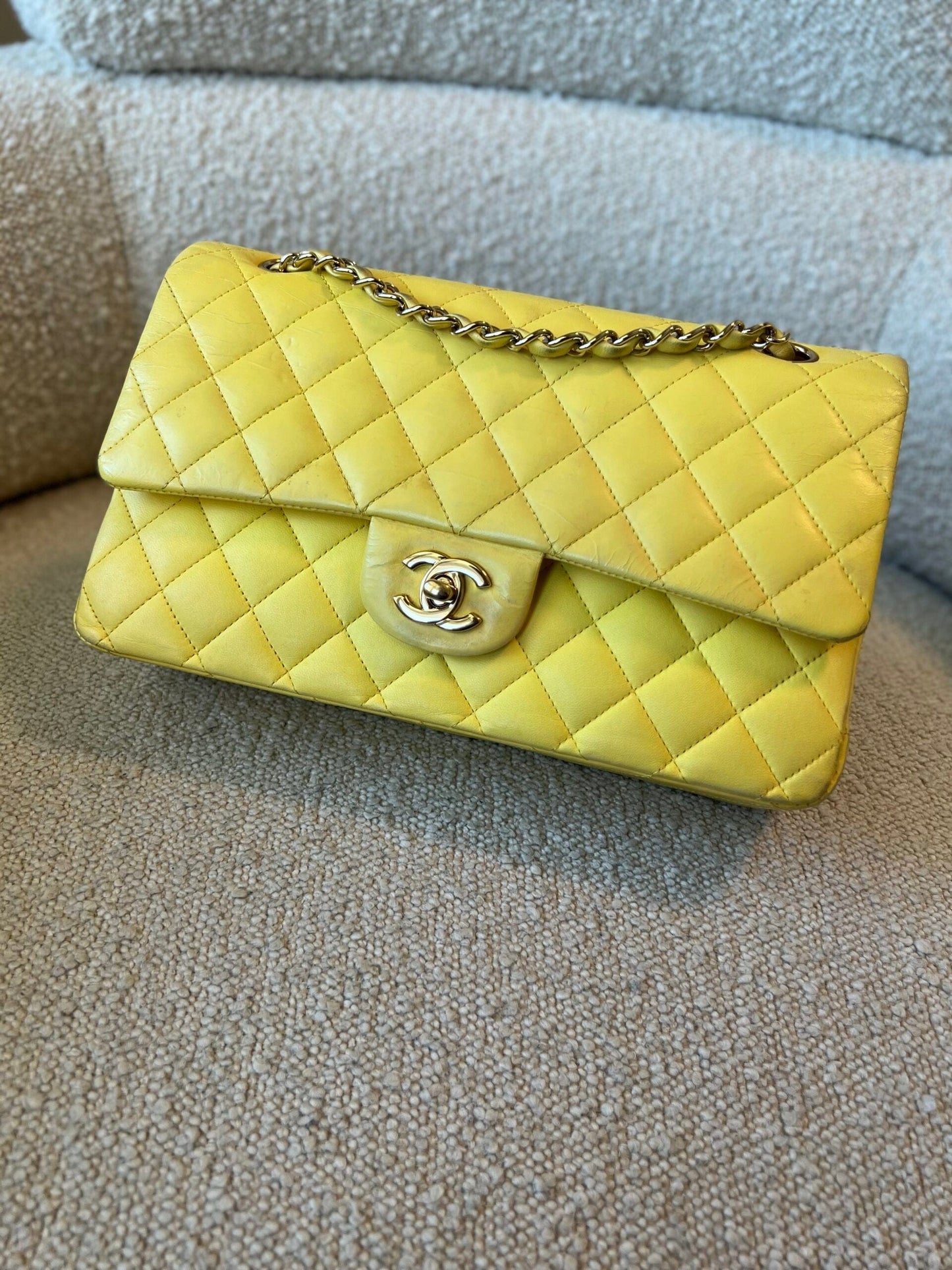 Vintage Yellow Lambskin Quilted Double Classic Flap Medium Light Gold Hardware
