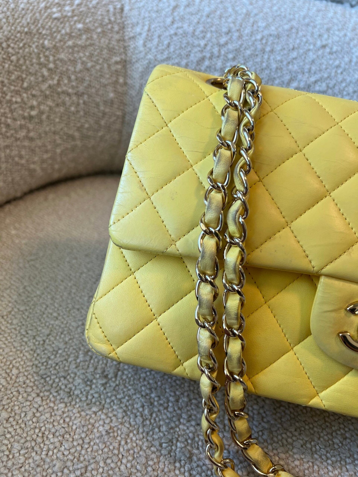 Vintage Yellow Lambskin Quilted Double Classic Flap Medium Light Gold Hardware