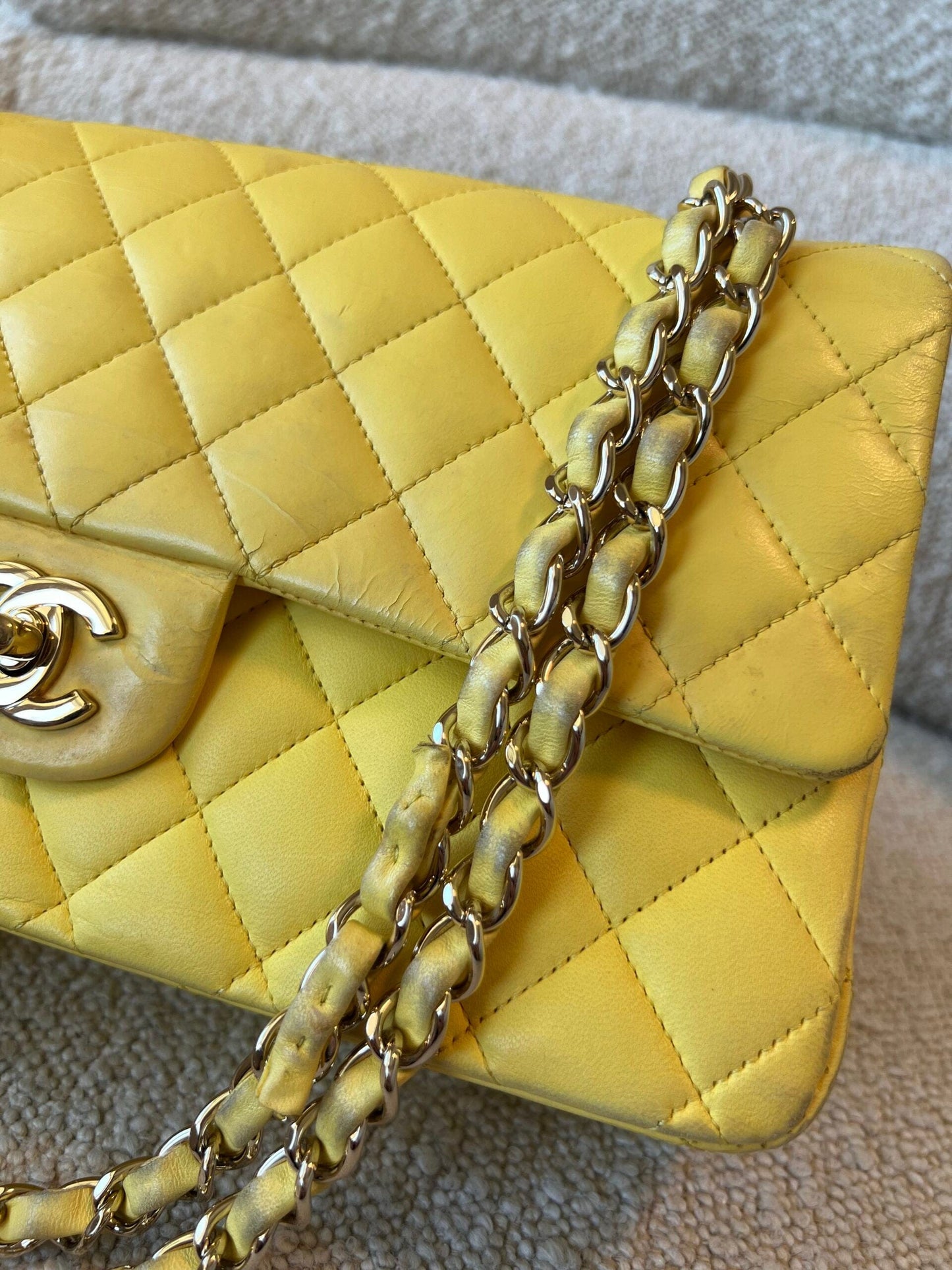 Vintage Yellow Lambskin Quilted Double Classic Flap Medium Light Gold Hardware