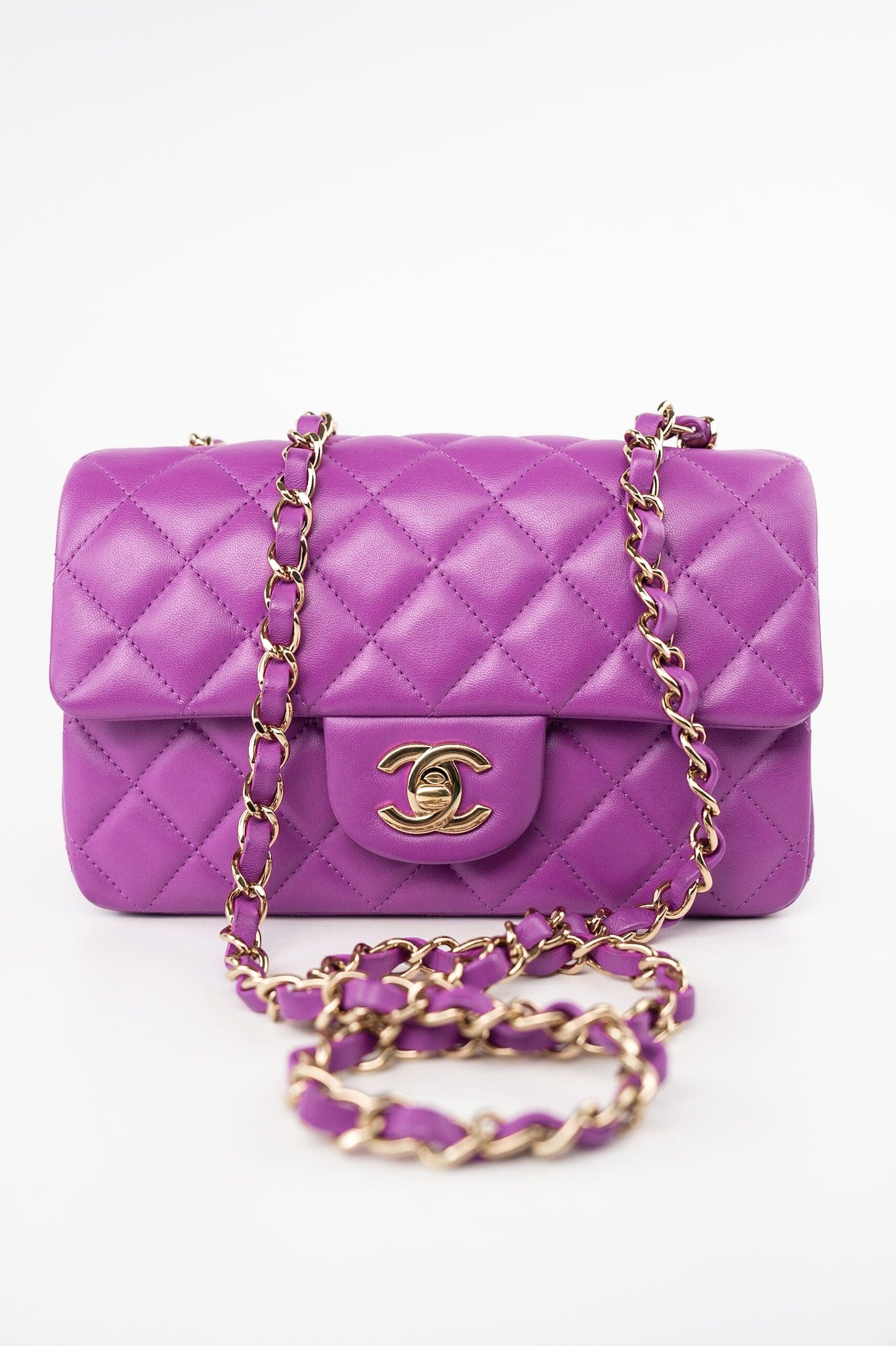 Violet/ Purple Lambskin Quilted Mini Rectangular Single Flap Bag Light Gold Hardware