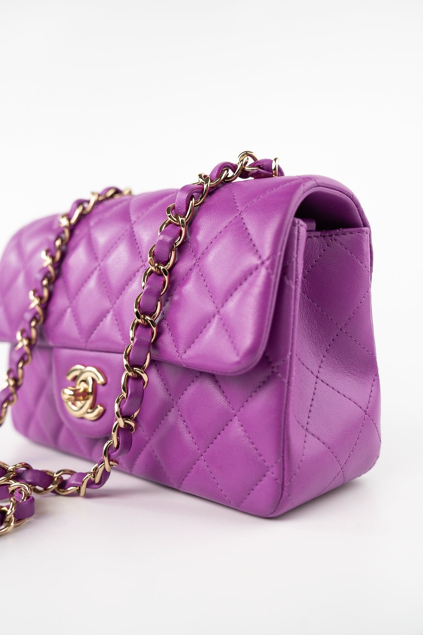 Violet/ Purple Lambskin Quilted Mini Rectangular Single Flap Bag Light Gold Hardware