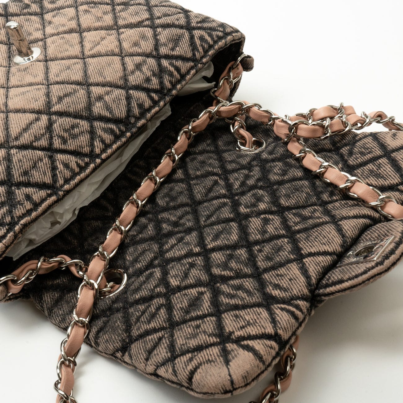 Washed Denim Quilted Small Denimpression Flap Rose Clair Silver Hardware