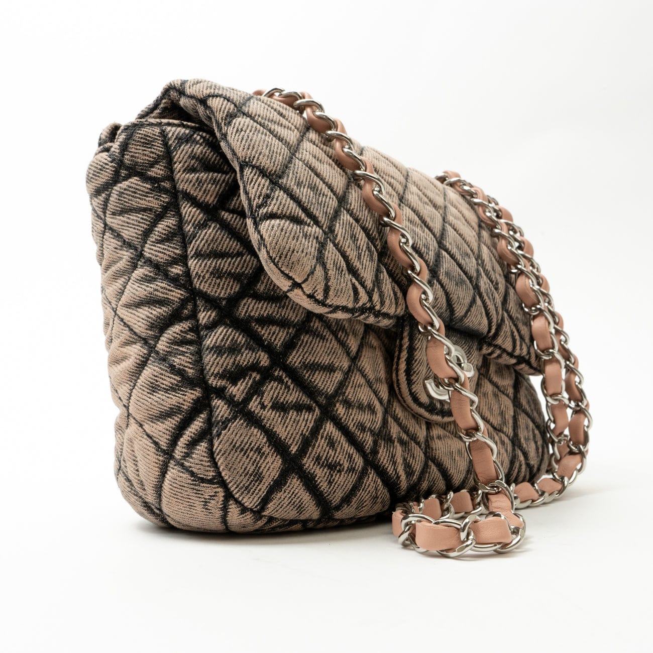 Washed Denim Quilted Small Denimpression Flap Rose Clair Silver Hardware