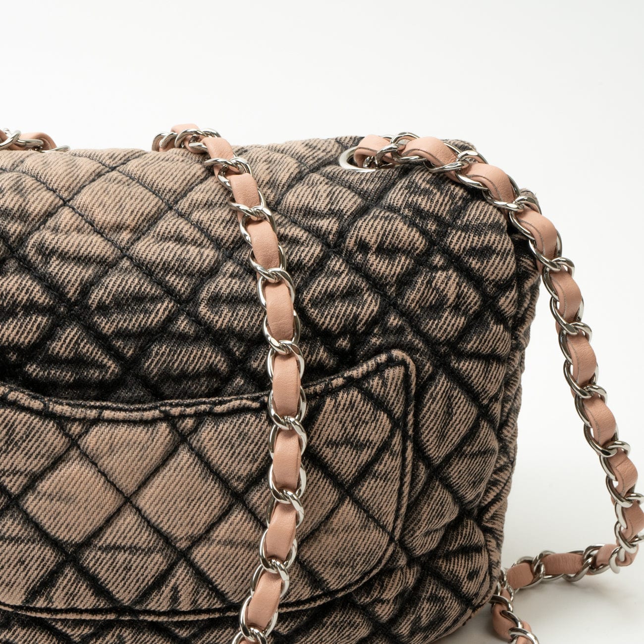 Washed Denim Quilted Small Denimpression Flap Rose Clair Silver Hardware