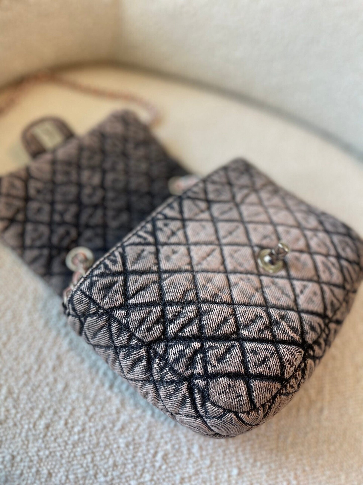 Washed Denim Quilted Small Denimpression Flap Rose Clair Silver Hardware