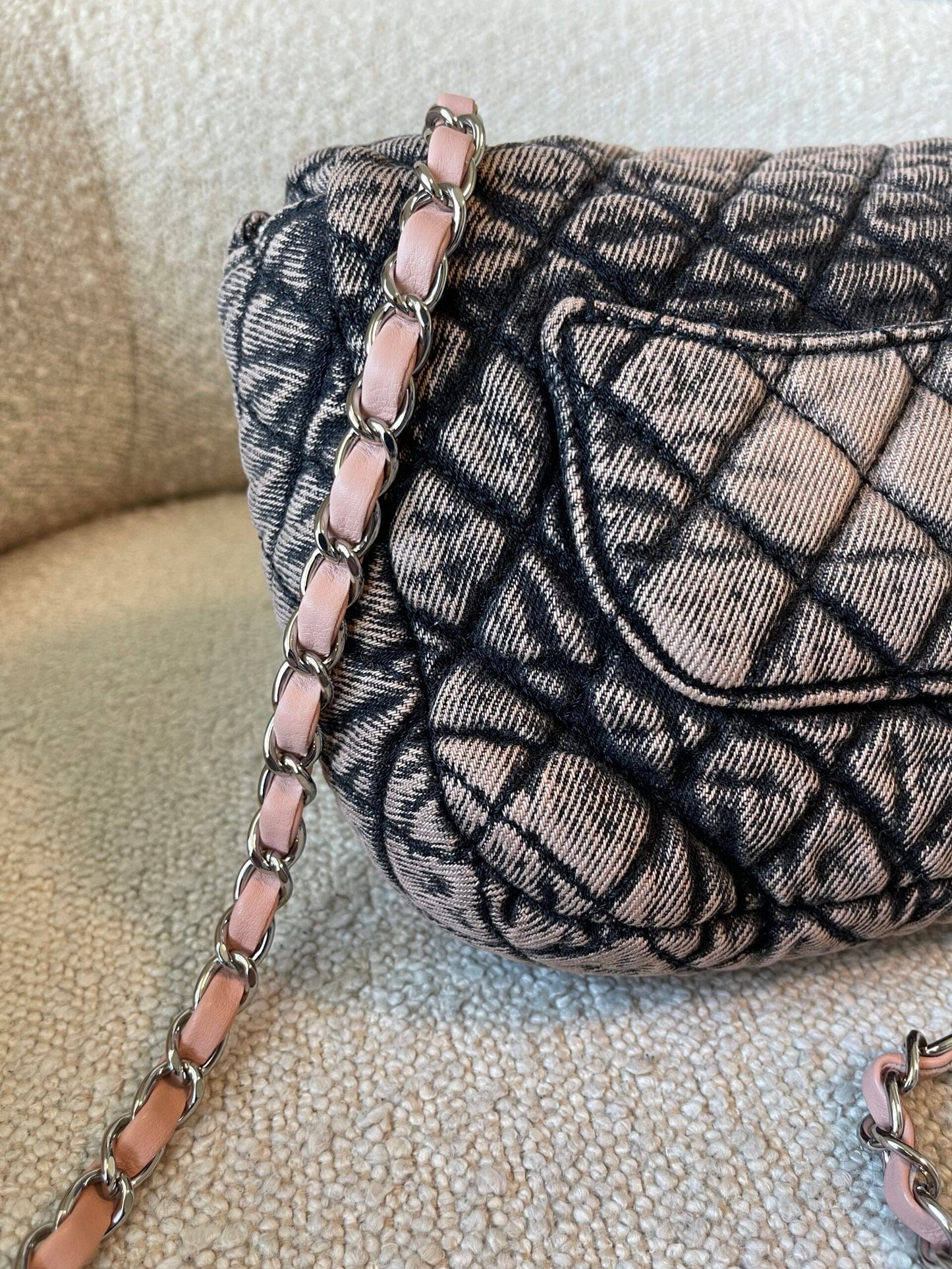 Washed Denim Quilted Small Denimpression Flap Rose Clair Silver Hardware