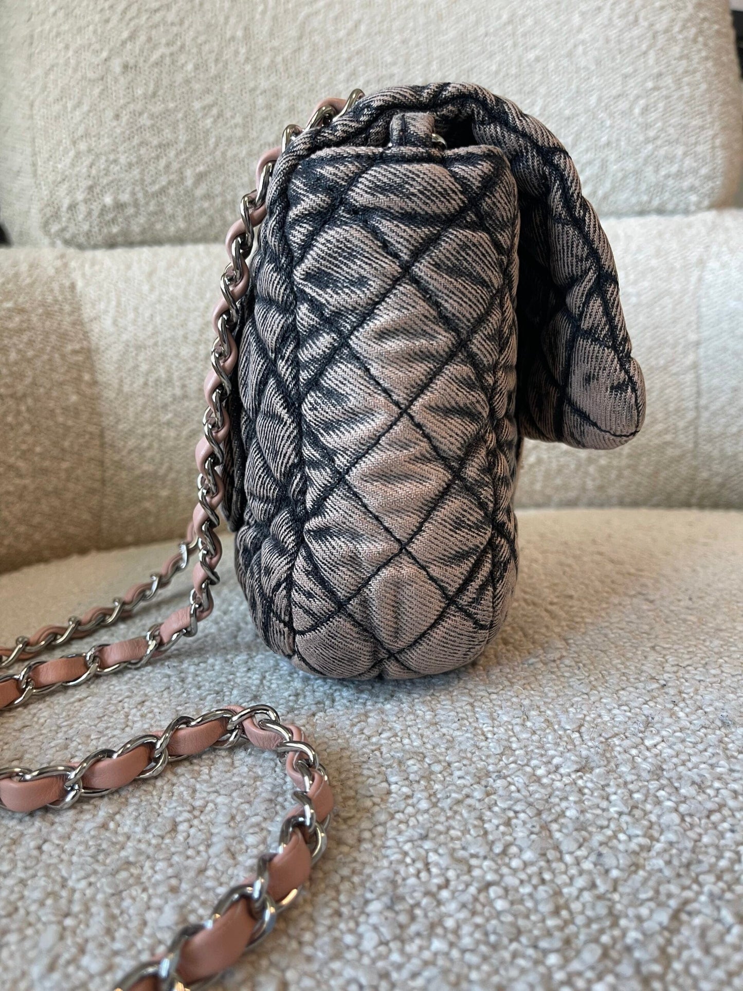 Washed Denim Quilted Small Denimpression Flap Rose Clair Silver Hardware