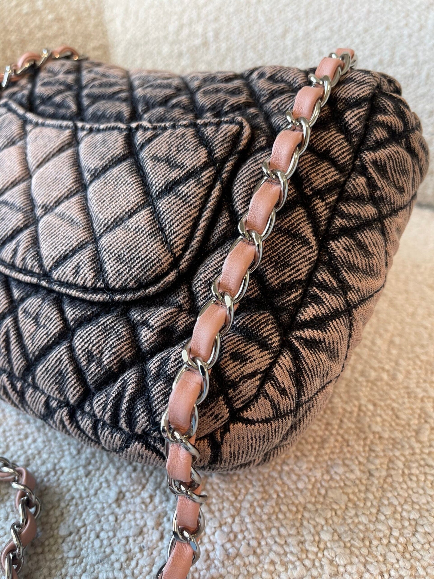 Washed Denim Quilted Small Denimpression Flap Rose Clair Silver Hardware