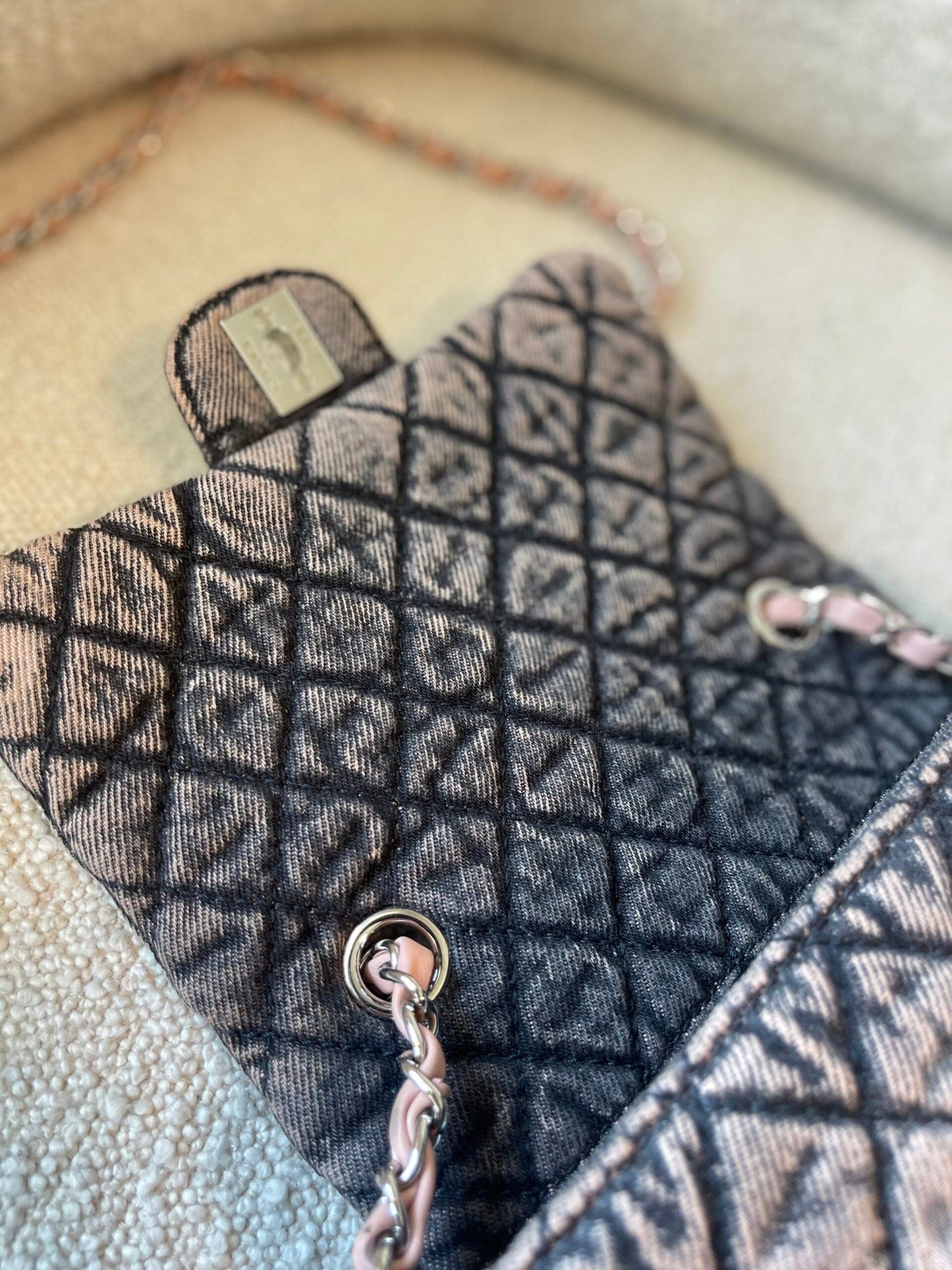 Washed Denim Quilted Small Denimpression Flap Rose Clair Silver Hardware