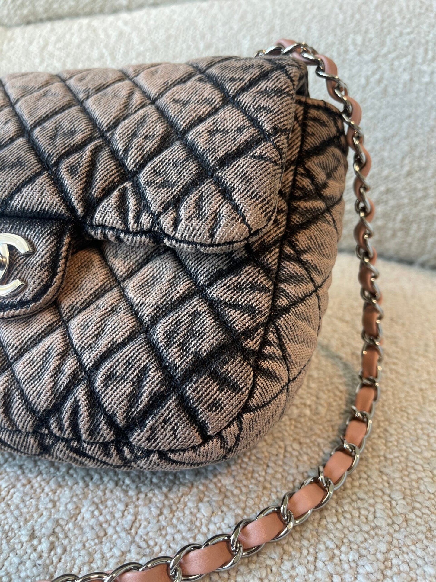 Washed Denim Quilted Small Denimpression Flap Rose Clair Silver Hardware