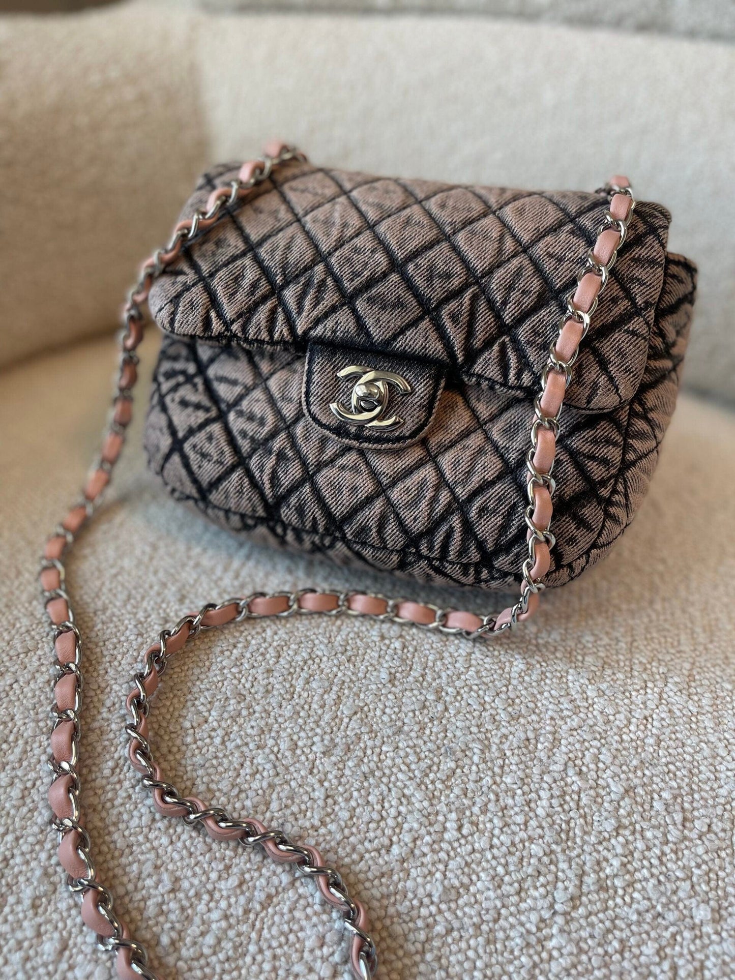 Washed Denim Quilted Small Denimpression Flap Rose Clair Silver Hardware