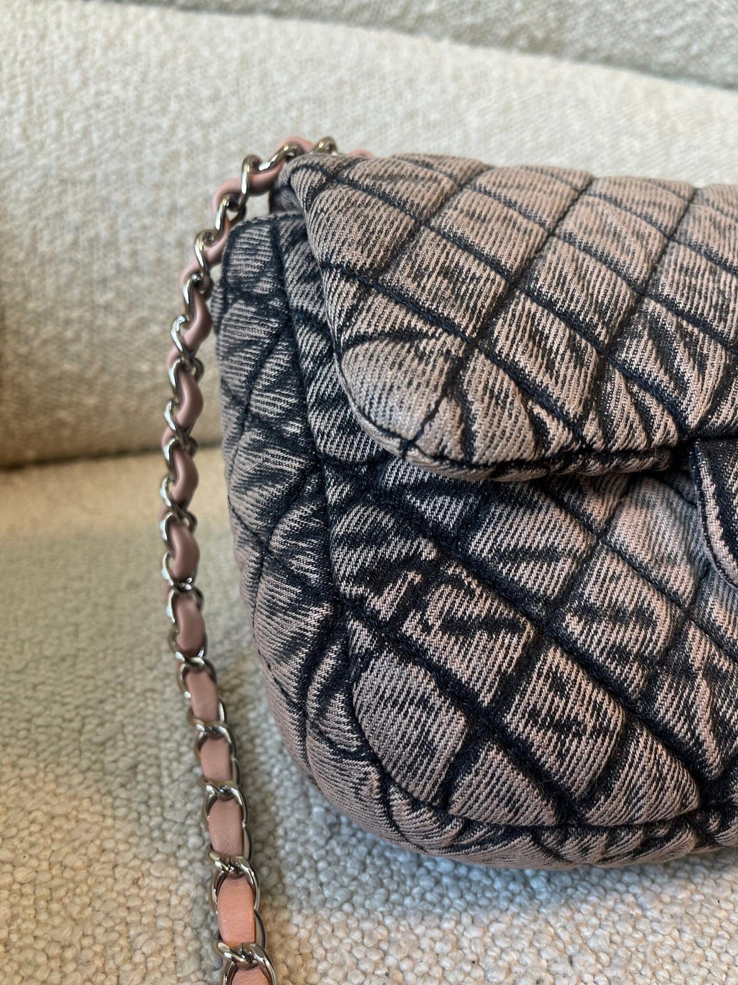 Washed Denim Quilted Small Denimpression Flap Rose Clair Silver Hardware