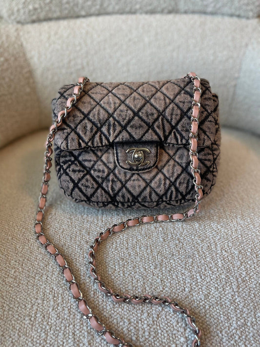 Washed Denim Quilted Small Denimpression Flap Rose Clair Silver Hardware