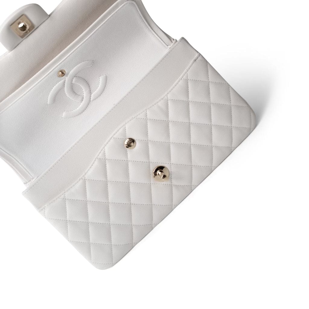 20S White Caviar Quilted Classic Flap Medium Light Gold Hardware